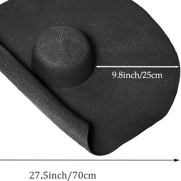Oversized Black Beach Straw Large Wide Brim Visor Handmade Hat Size 5-7 1/4 - Picture 9 of 11